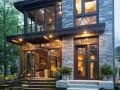 stone fronts with wide black aluminum glass frames slight side view